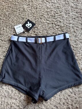 Free People Black Swim Biker Shorts with White Belt